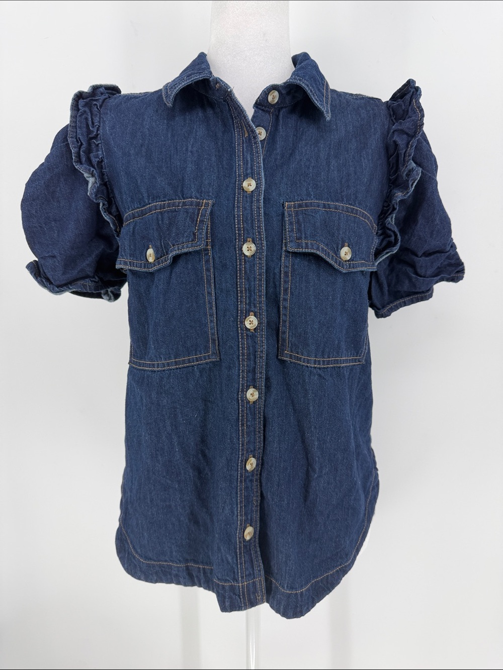 Anthropologie Pilcro Ruffle Sleeve Denim Button Down Shirt Size Small